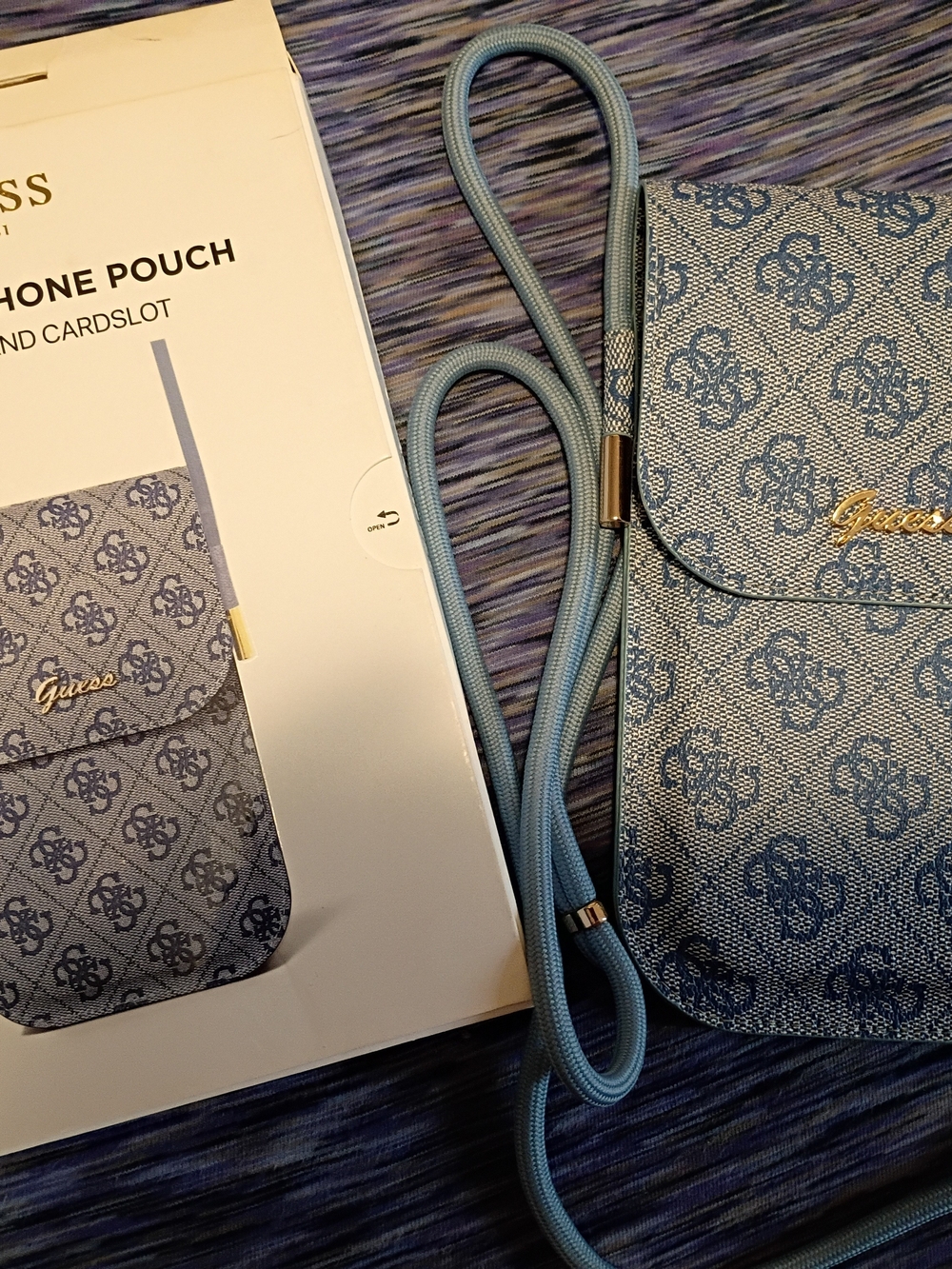 GUESS Light Blue Monogram Crossbody Phone Pouch